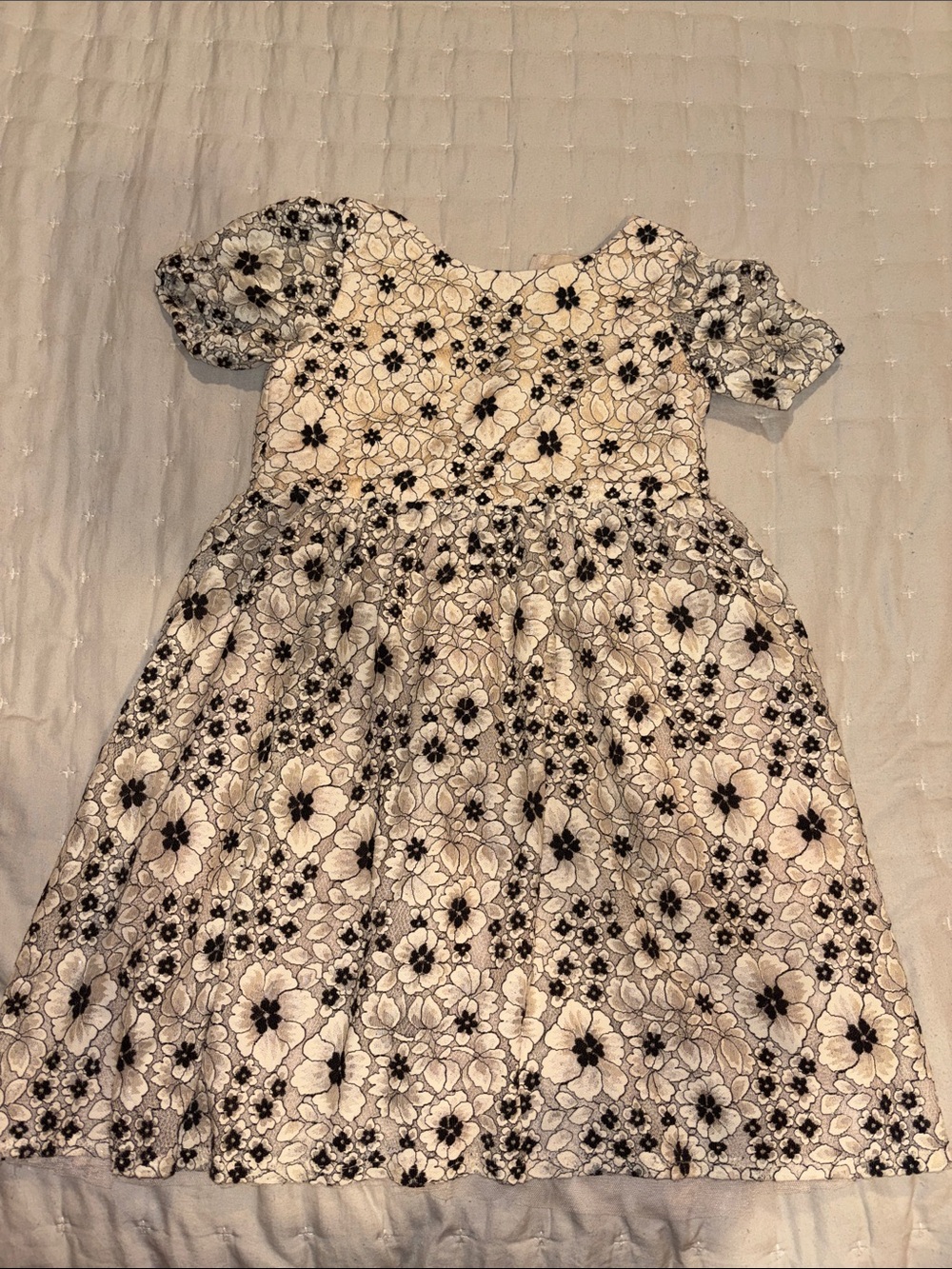 Girls Black & Cream Shimmer Floral Puff-Sleeve Dress